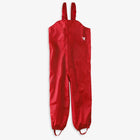 Red Originals Waterproof Dungarees, hanging against a white background. The dungarees have straps and adjustable buckles.